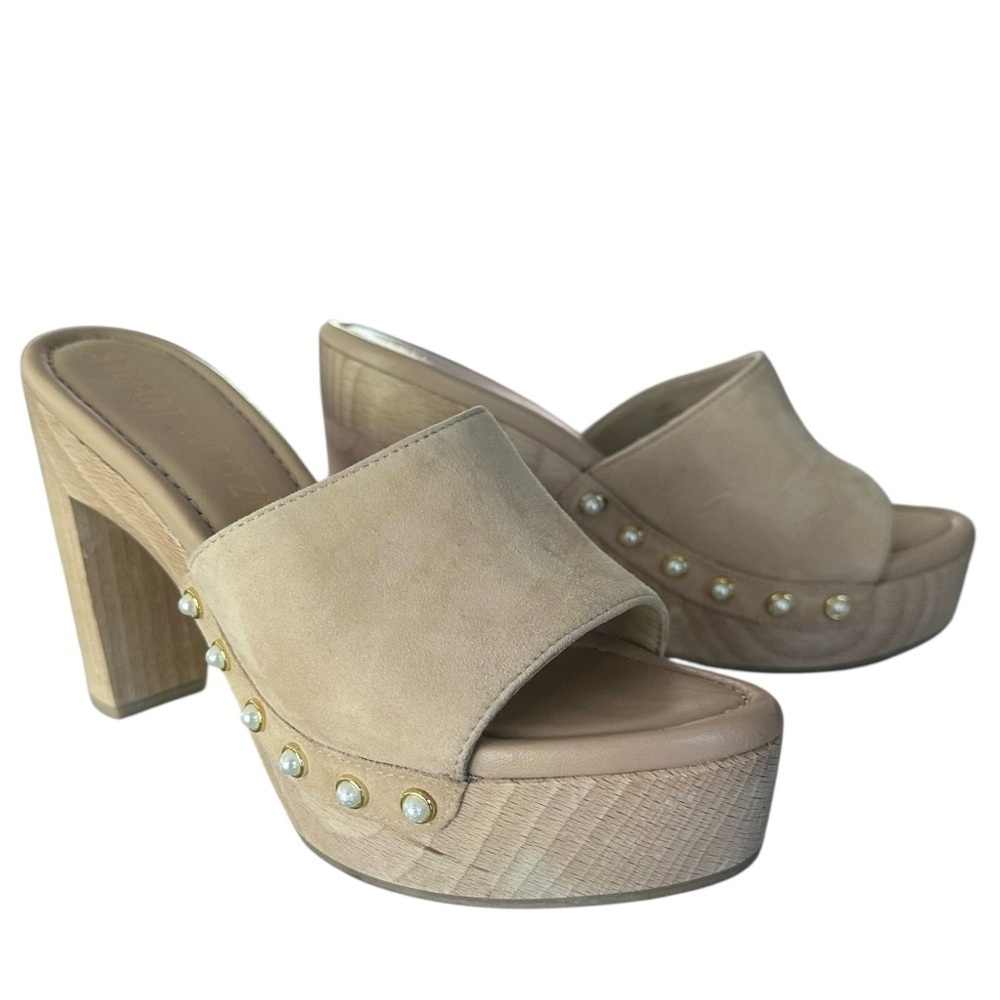 STUART WEITZMAN Pearl 85MM Block Heel Clog Mule Sandals Tan Size 6